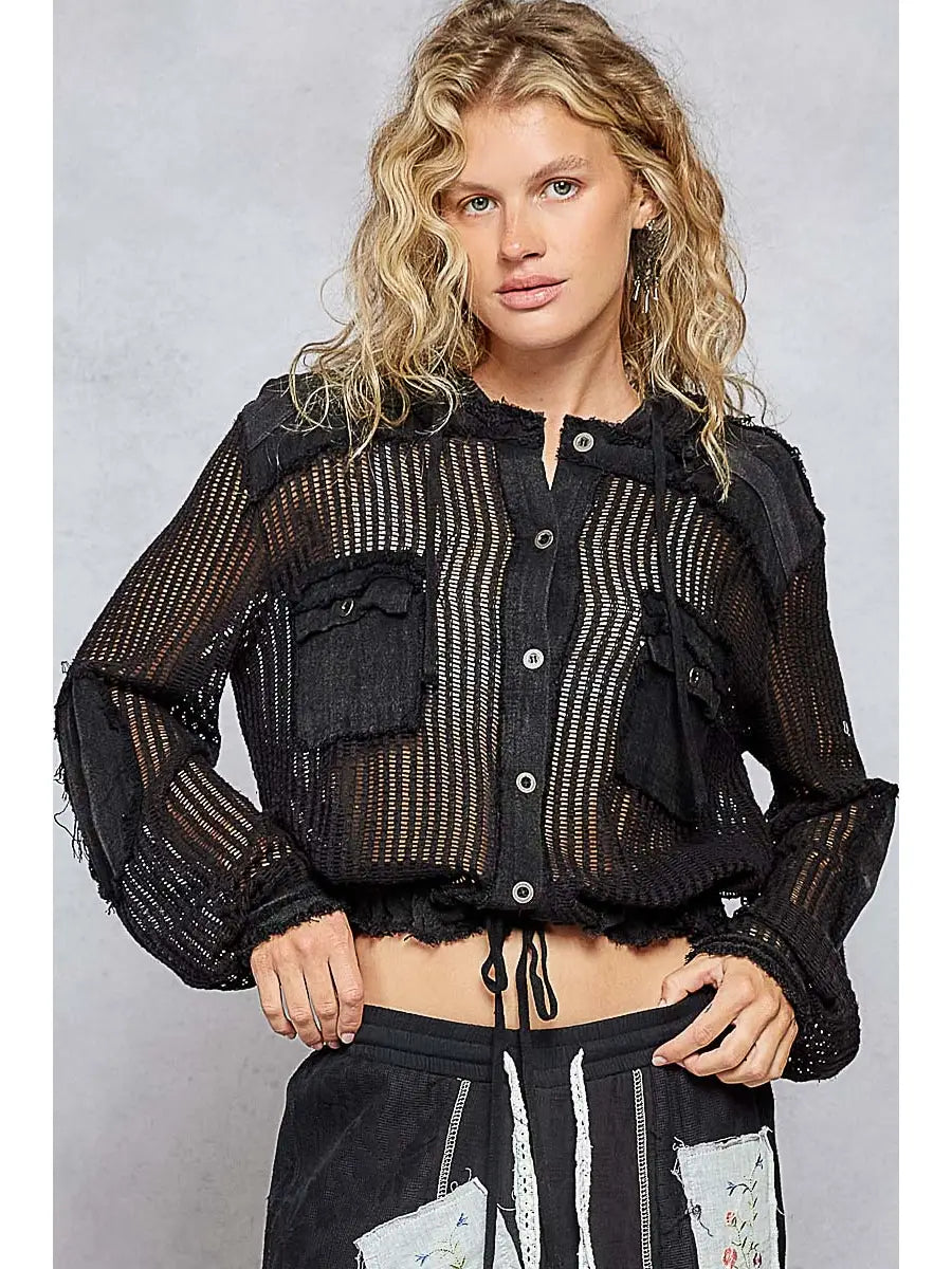 Black Sheer Knit Cropped Top with Hood and Drawstring Hem