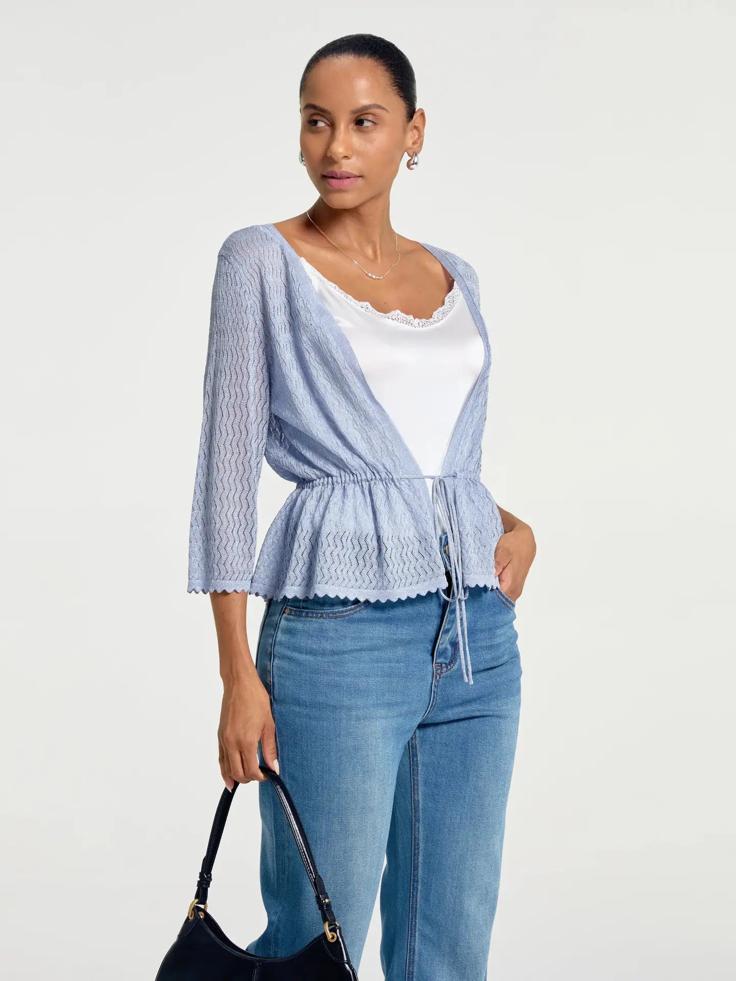 Light Blue Textured Knit Peplum Top with Tie Front