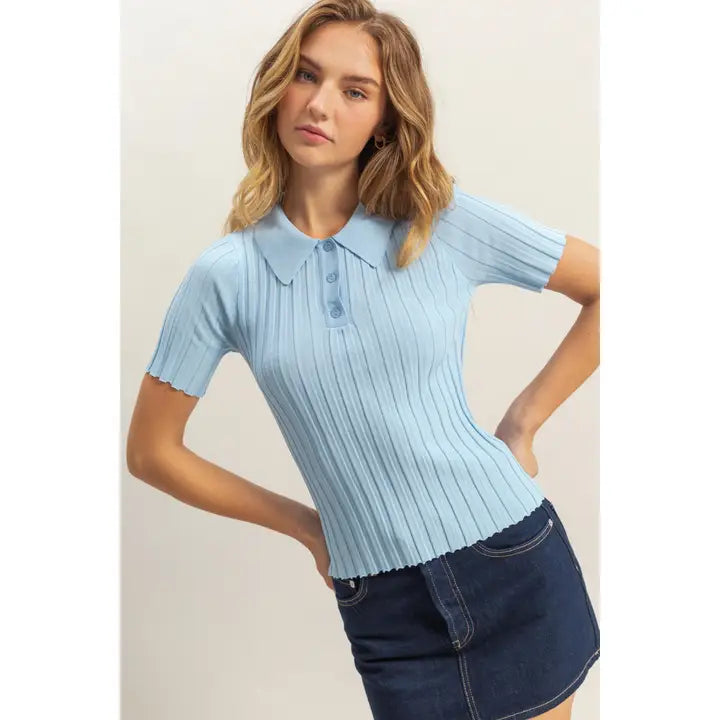 Light Blue Ribbed Knit Collared Short Sleeve Top