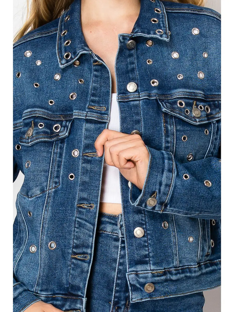 Eyelet Embellished Classic Denim Jacket