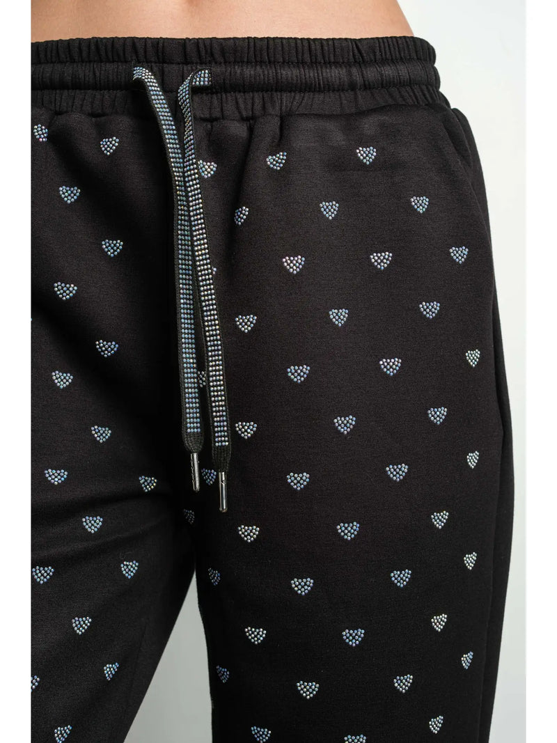 Rhinestone Heart Print Black Jogger Sweatpants