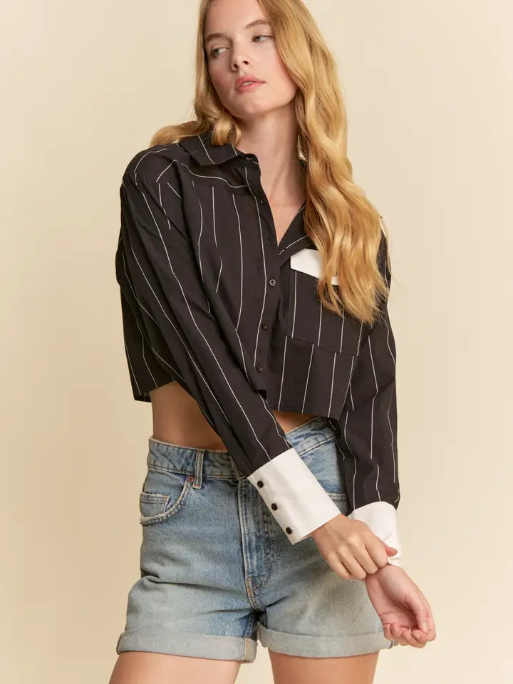 Cropped Pinstripe Button Down Shirt with Contrast Cuffs