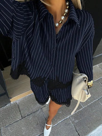 Pinstripe Button Down Shirt & Lace Trim Shorts Matching Set