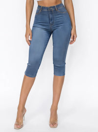Classic Blue High Waisted Capri Denim Pants with Stretch Fit