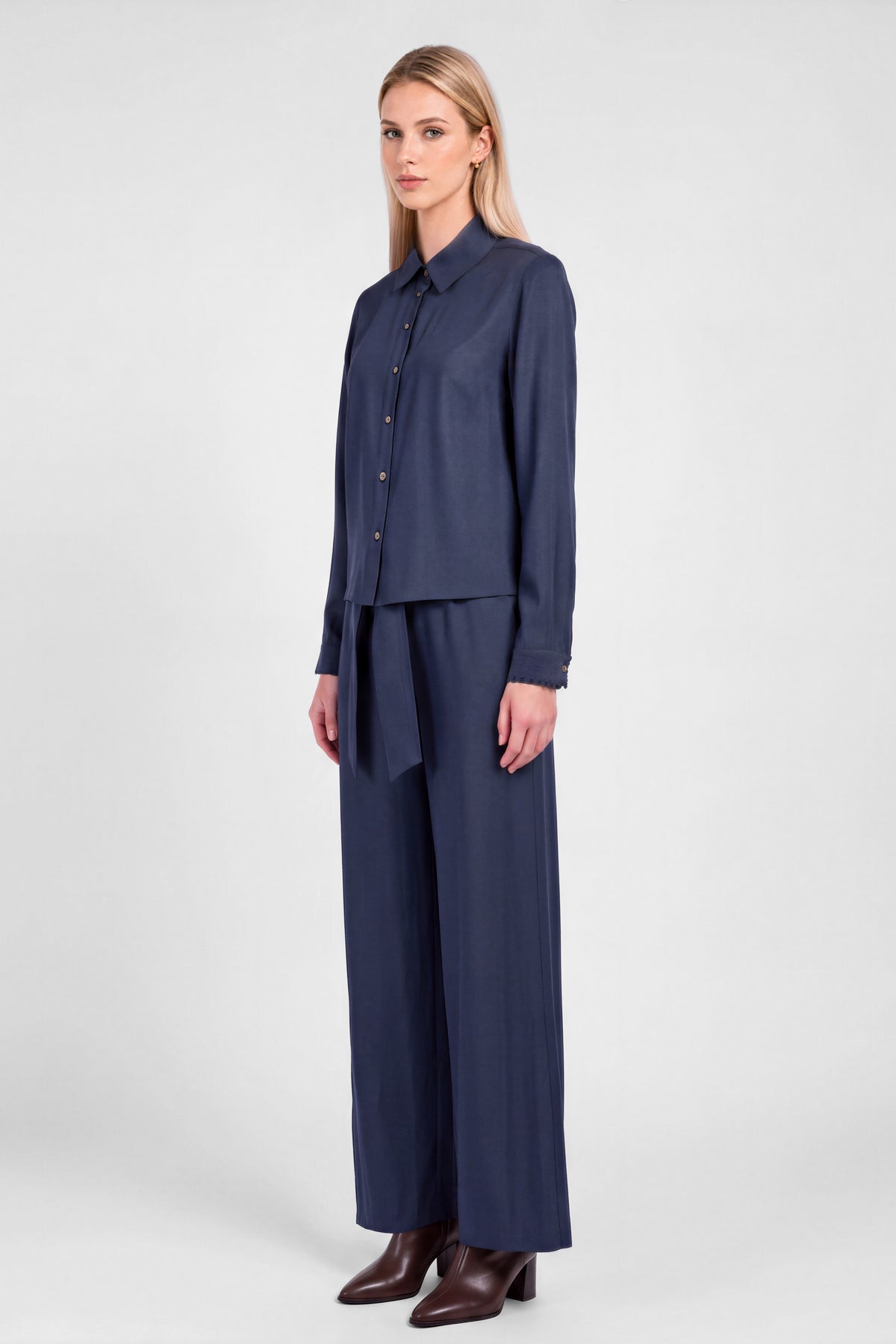 Navy Cropped Button Down