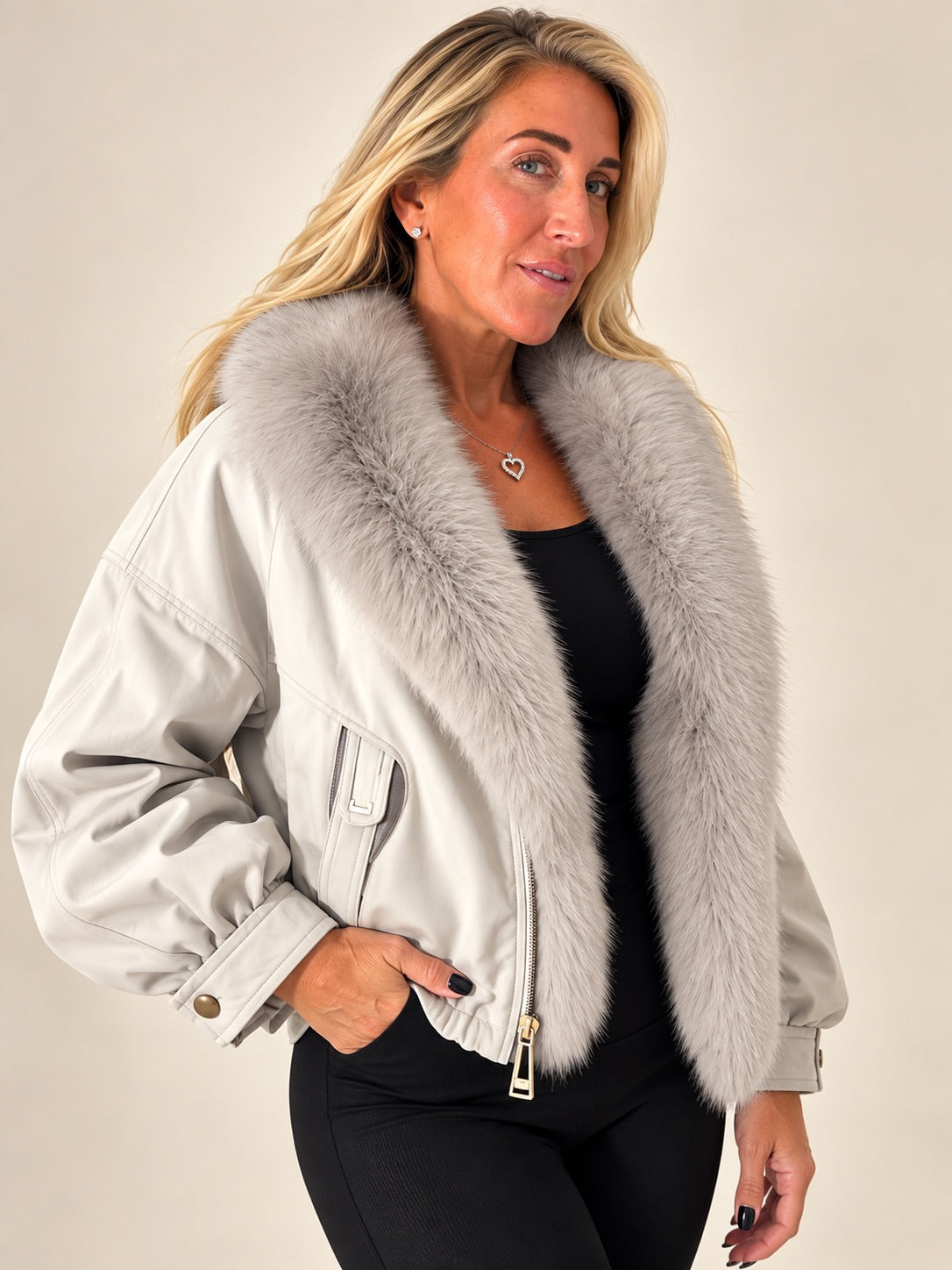 Silver Grey Fur Bomber