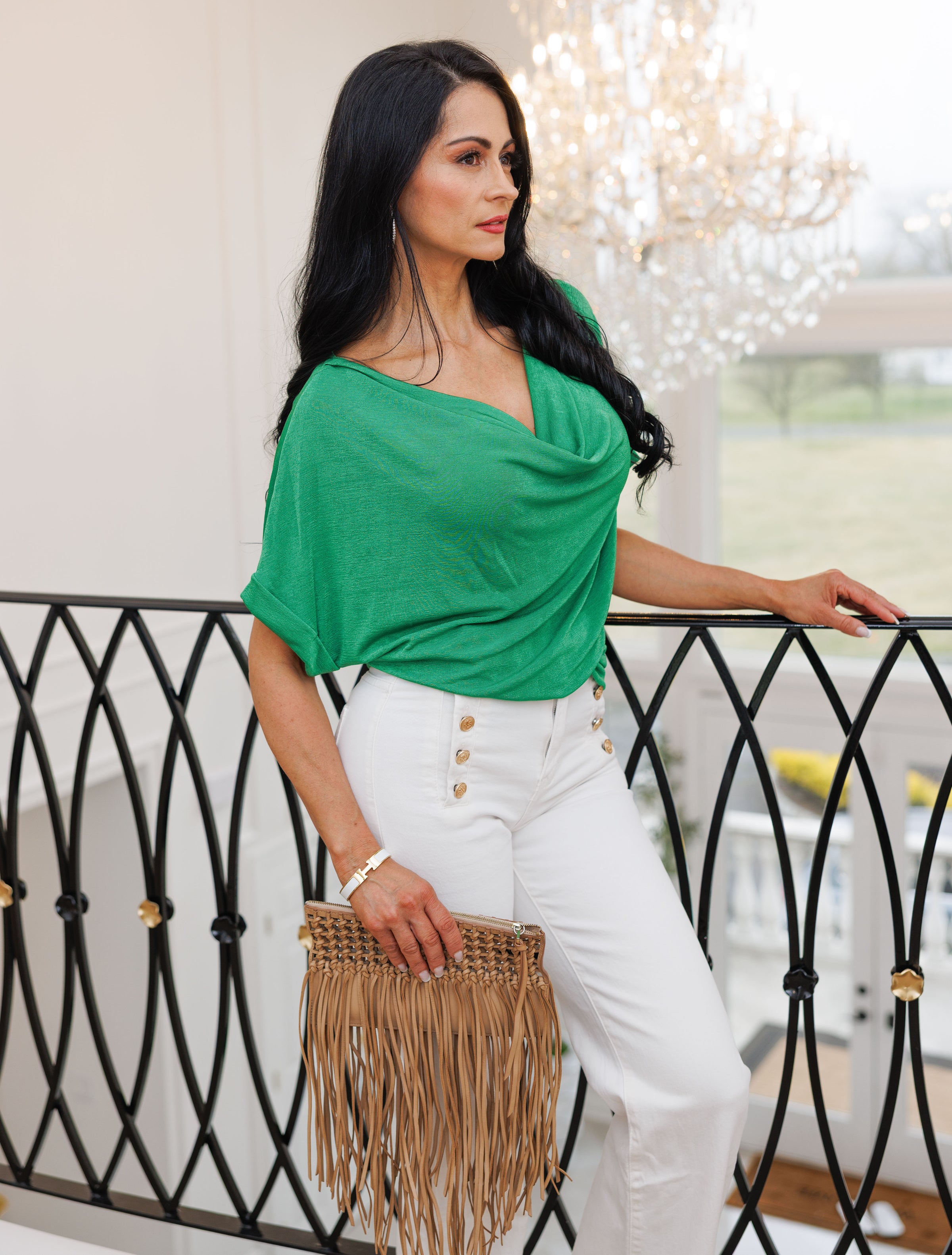 Emerald Draped Knit Top with Relaxed Fit
