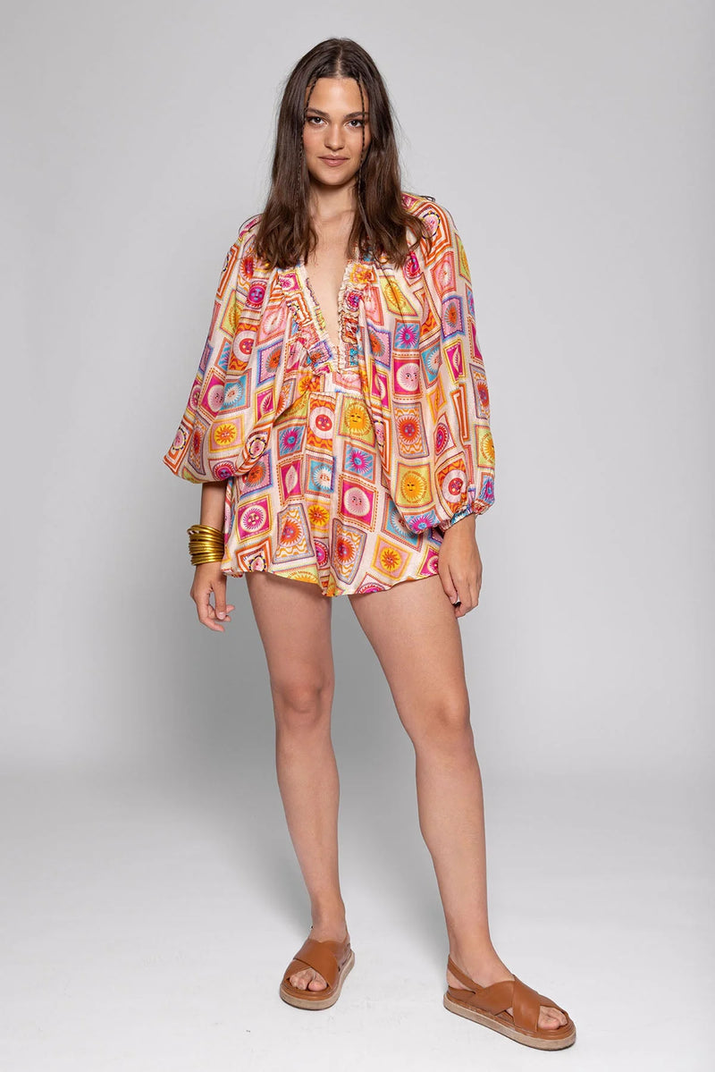 Boho Print Ruffle Tunic Set in Vibrant Multicolor