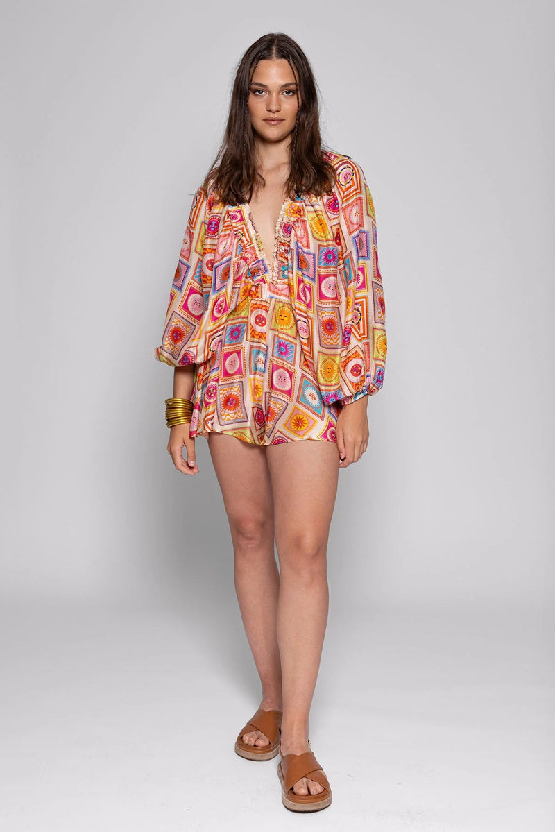 Boho Print Ruffle Tunic Set in Vibrant Multicolor
