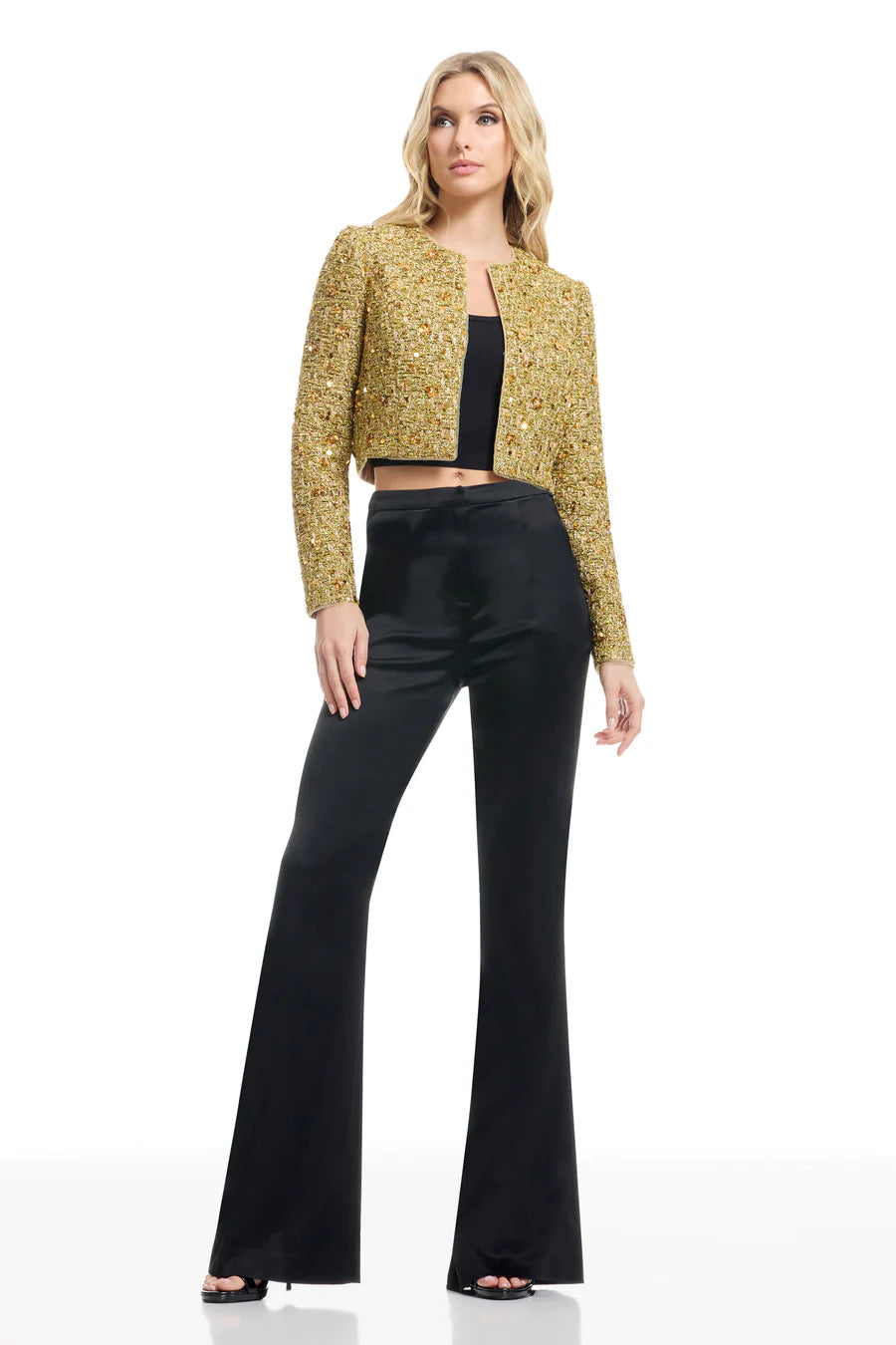 Gold Sequin Tweed Cropped Jacket with Long Sleeves