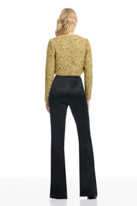 Gold Sequin Tweed Cropped Jacket with Long Sleeves