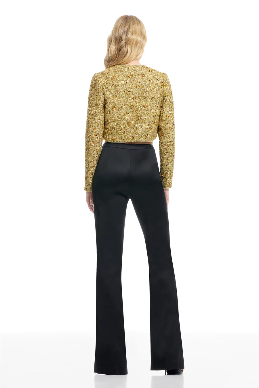 Gold Sequin Tweed Cropped Jacket with Long Sleeves