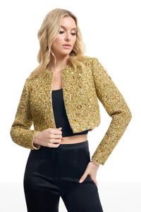 Gold Sequin Tweed Cropped Jacket with Long Sleeves