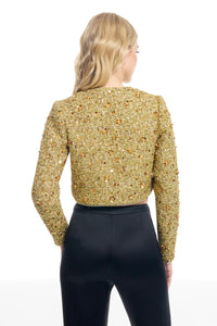 Gold Sequin Tweed Cropped Jacket with Long Sleeves