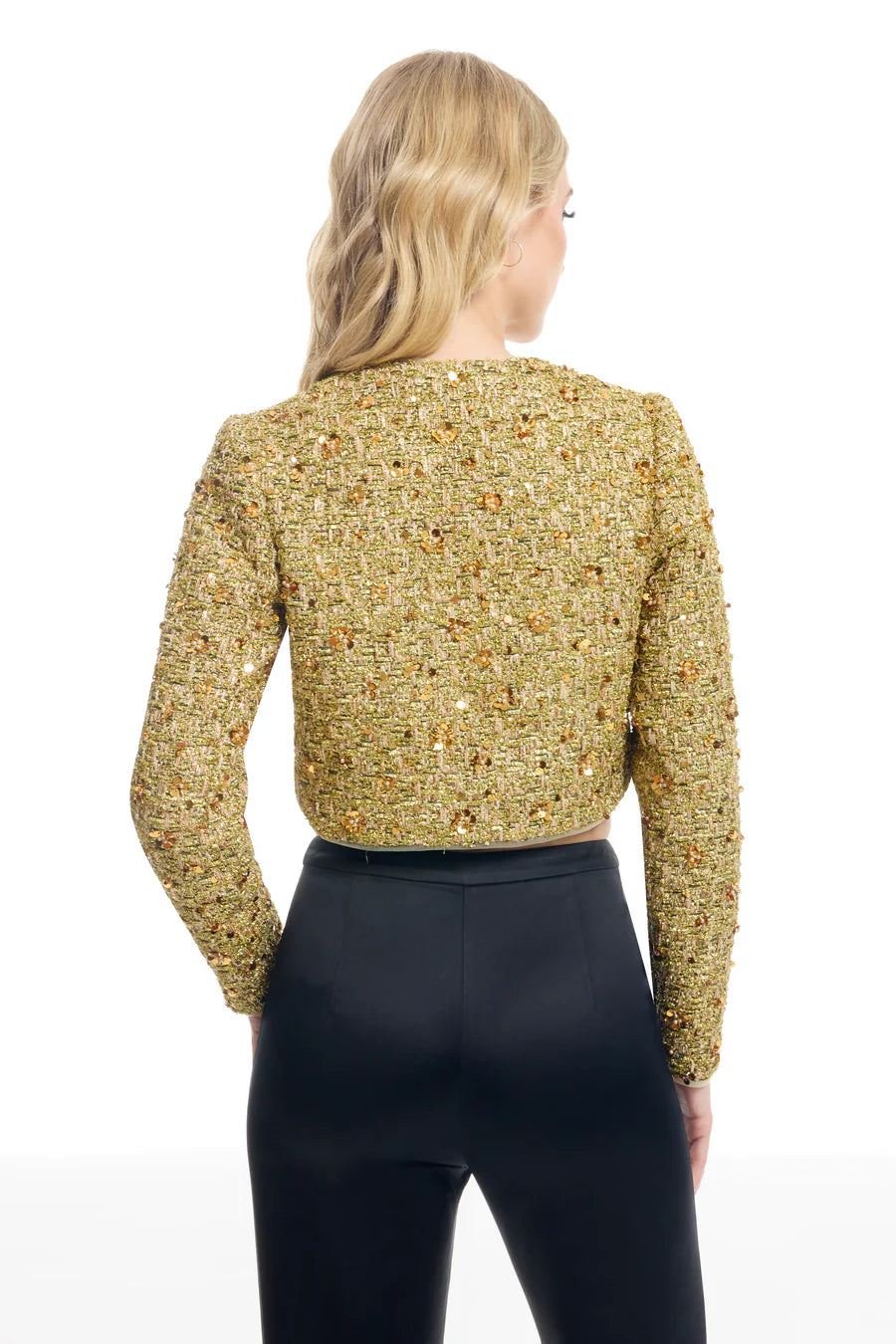Gold Sequin Tweed Cropped Jacket with Long Sleeves