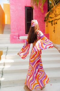 Bohemian Waves Maxi Dress with Flowing Bell Sleeves