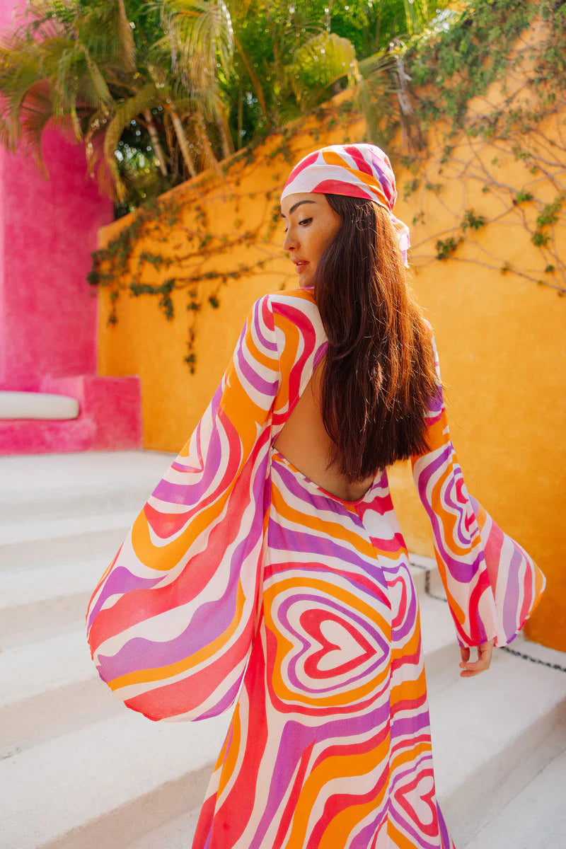 Bohemian Waves Maxi Dress with Flowing Bell Sleeves