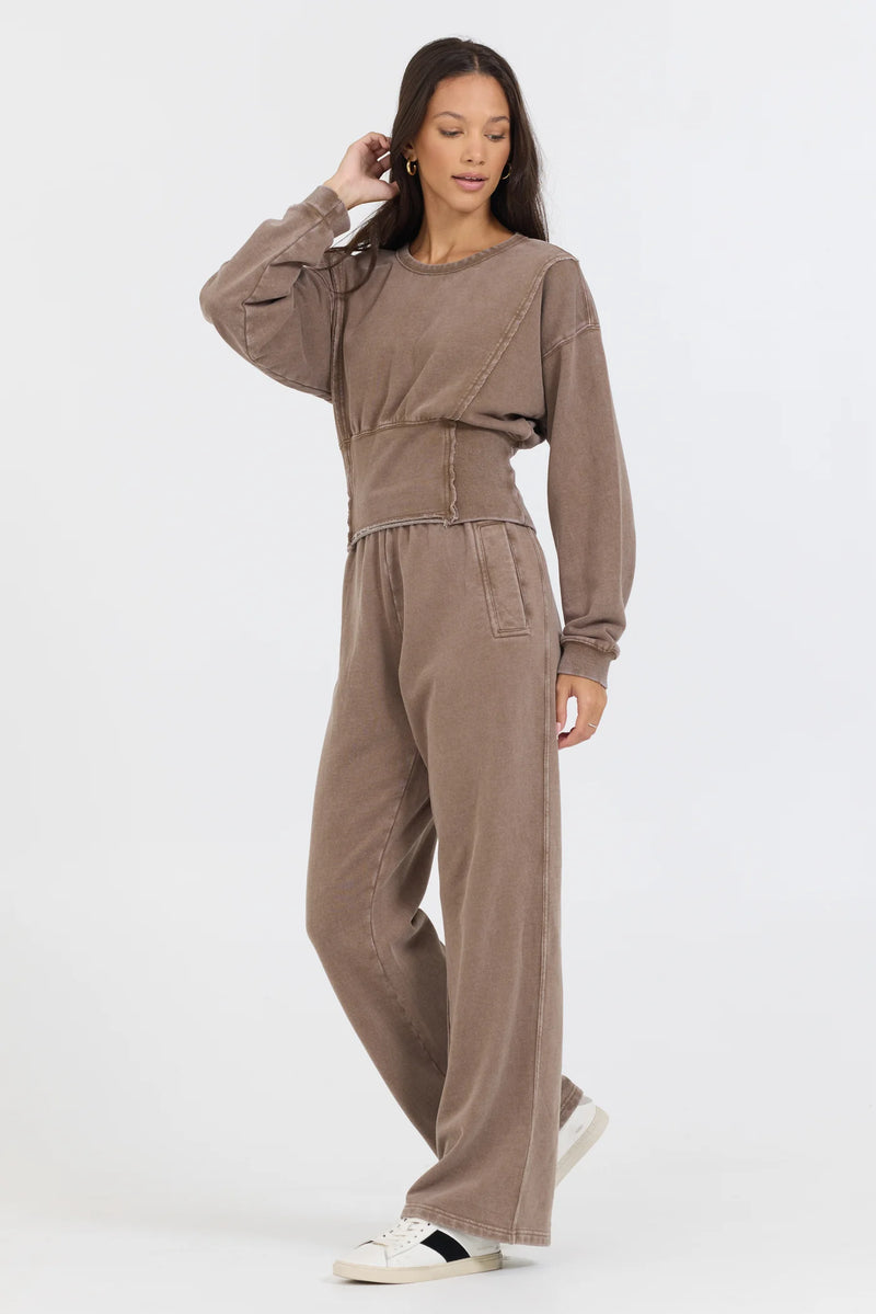 Washed Mocha Garment Dye French Terry Flare Pant