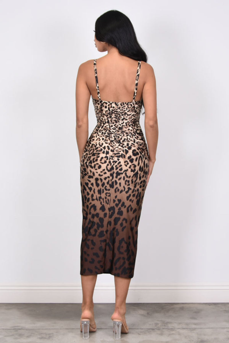 LEOPARD BORDER PRINT RUCHED MIDI DRESS