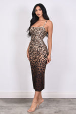 LEOPARD BORDER PRINT RUCHED MIDI DRESS