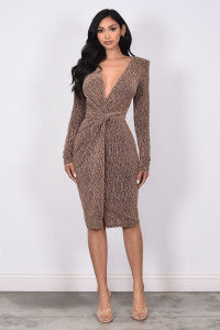 METALLIC JACQUARD LONG SLEEVE MIDI DRESS