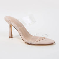 Calia Beige Clear Strap Open Toe Stiletto Mule Heels