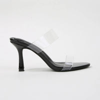 Calia Black Clear Strap Open Toe Stiletto Mule Heels