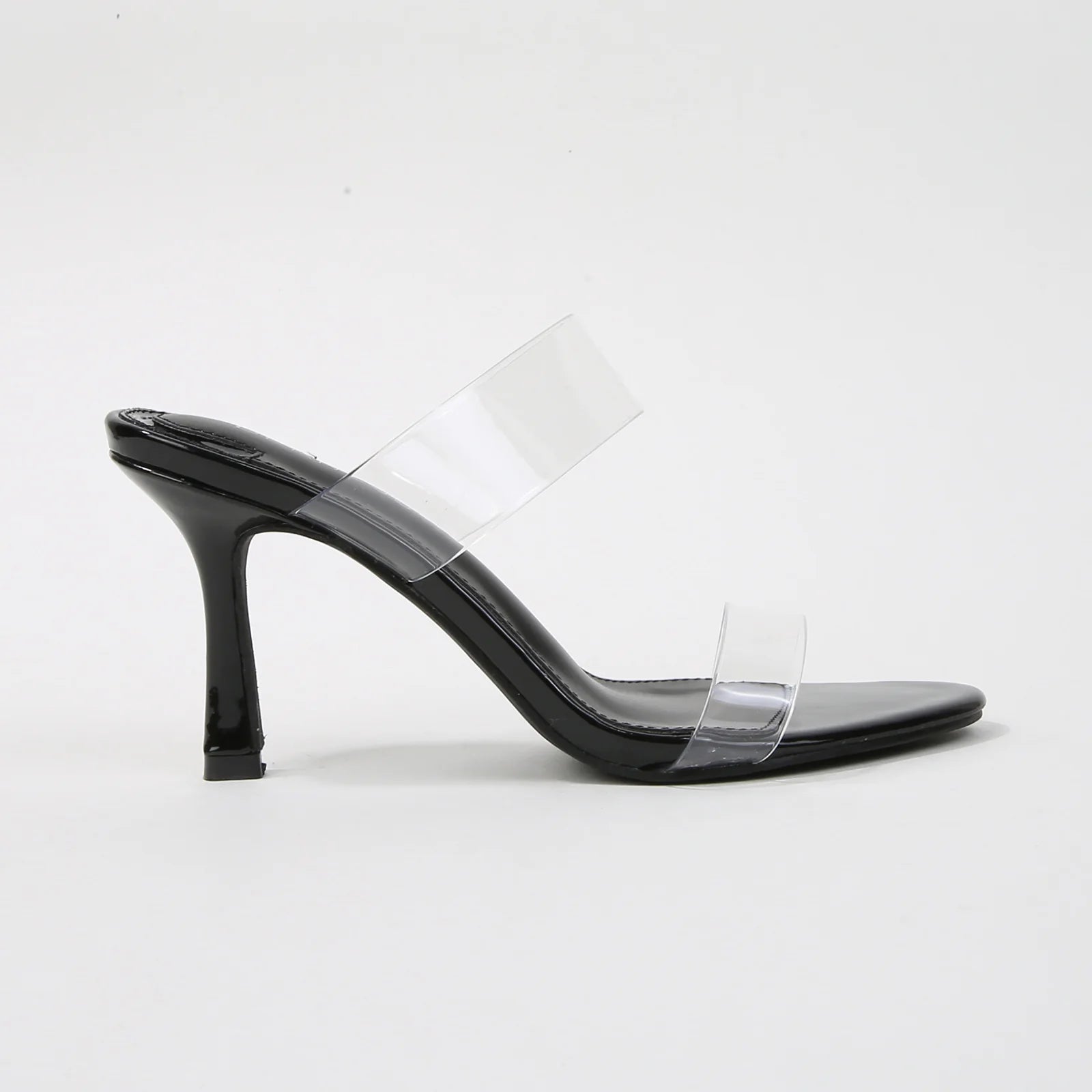 Calia Black Clear Strap Open Toe Stiletto Mule Heels
