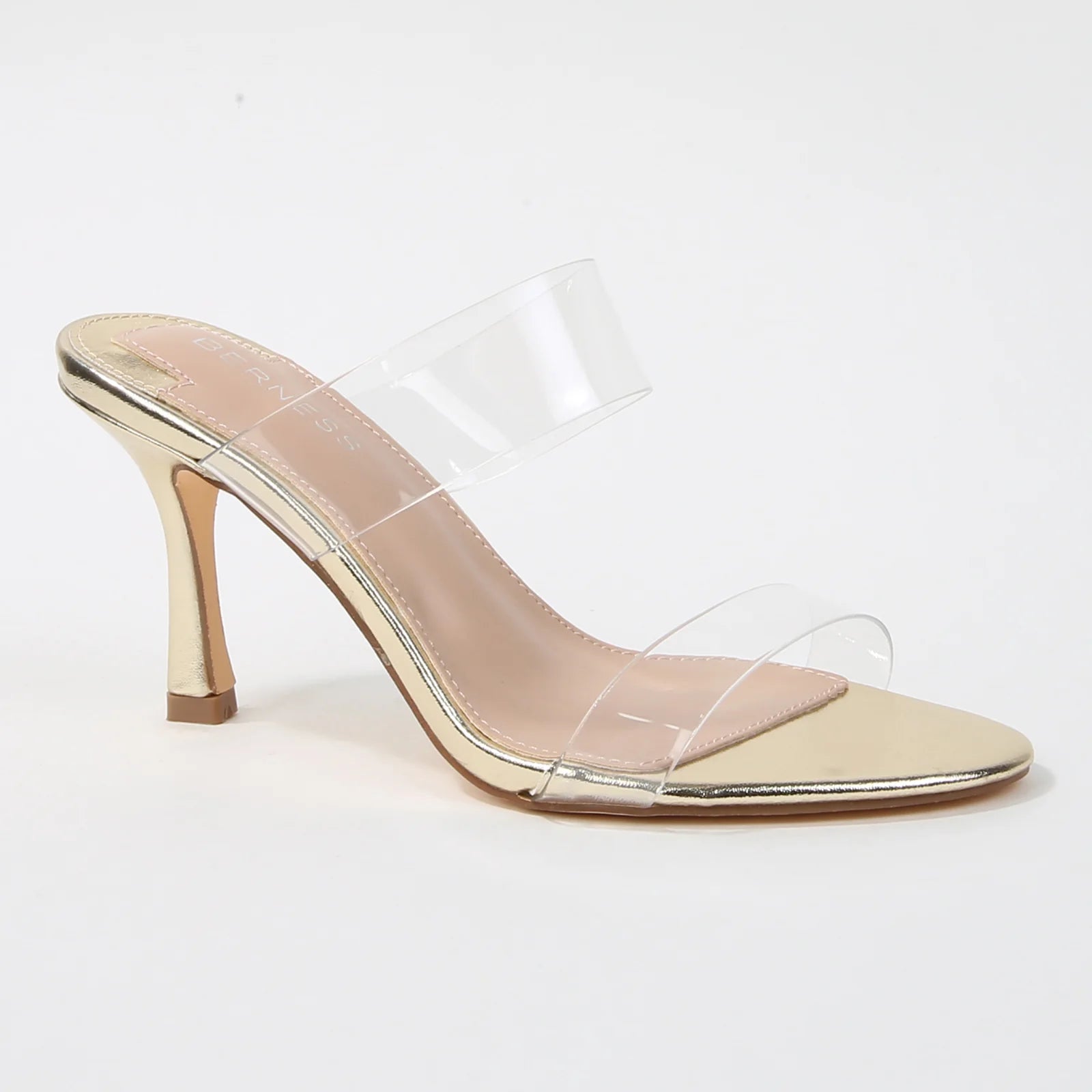 Calia Gold Clear Strap Open Toe Stiletto Mule Heels