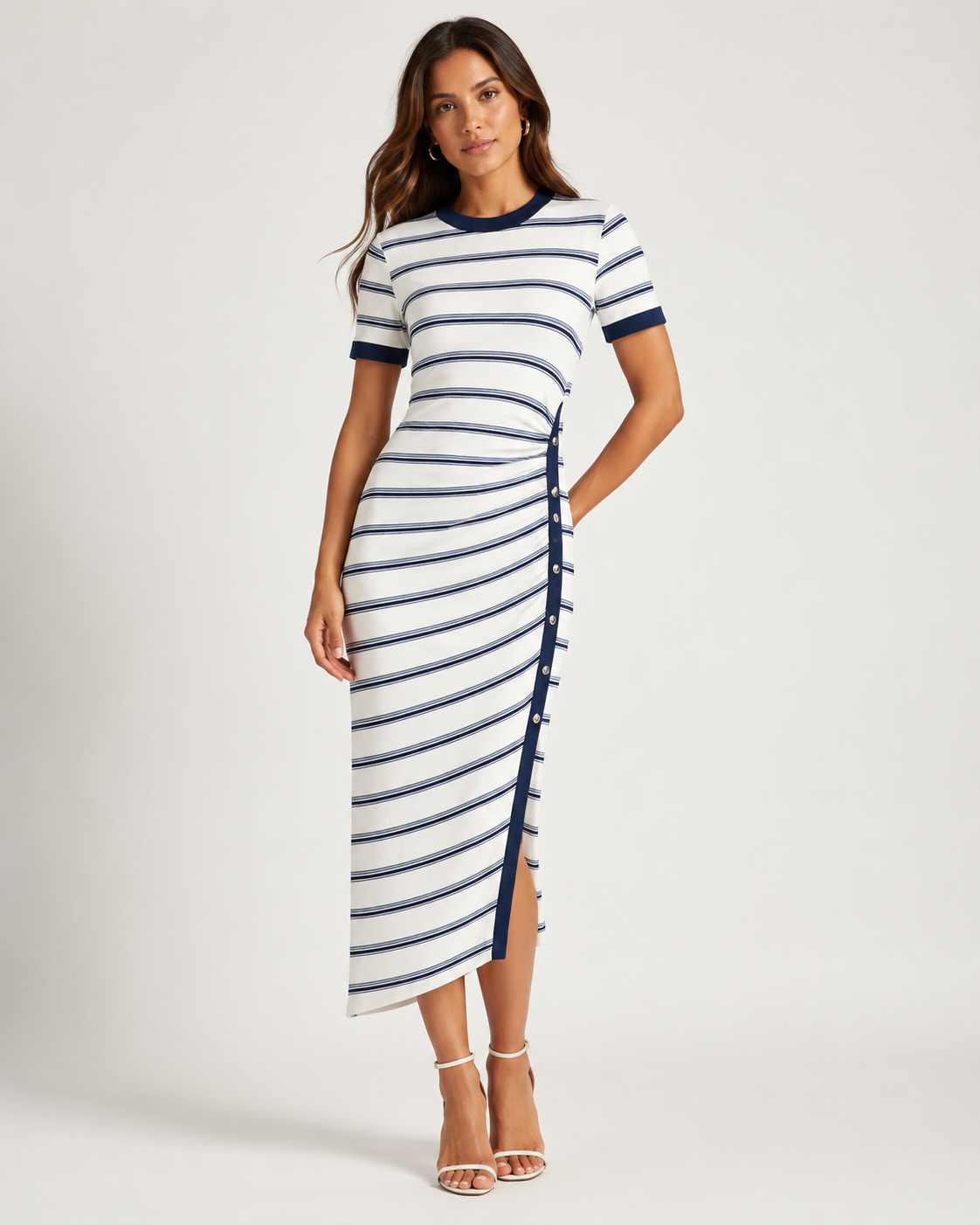 Striped Knit Midi Dress with Side Button Detail