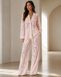 Sheer Lace Button-Up Top and Flare Pants Set