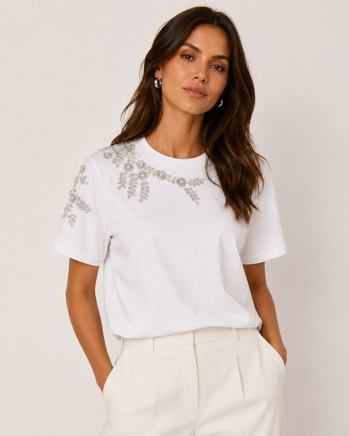 Embellished Floral Detail Short Sleeve Top