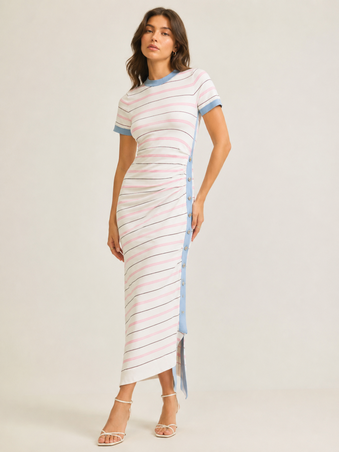 Striped Knit Midi Dress with Side Button Detail