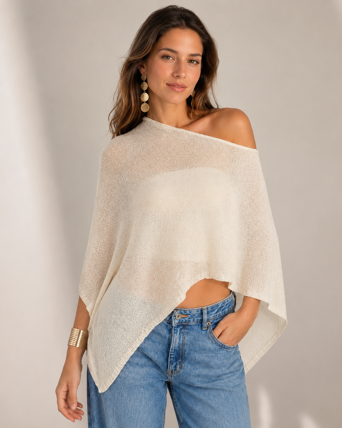 White Sheer Knit Asymmetrical Poncho Top