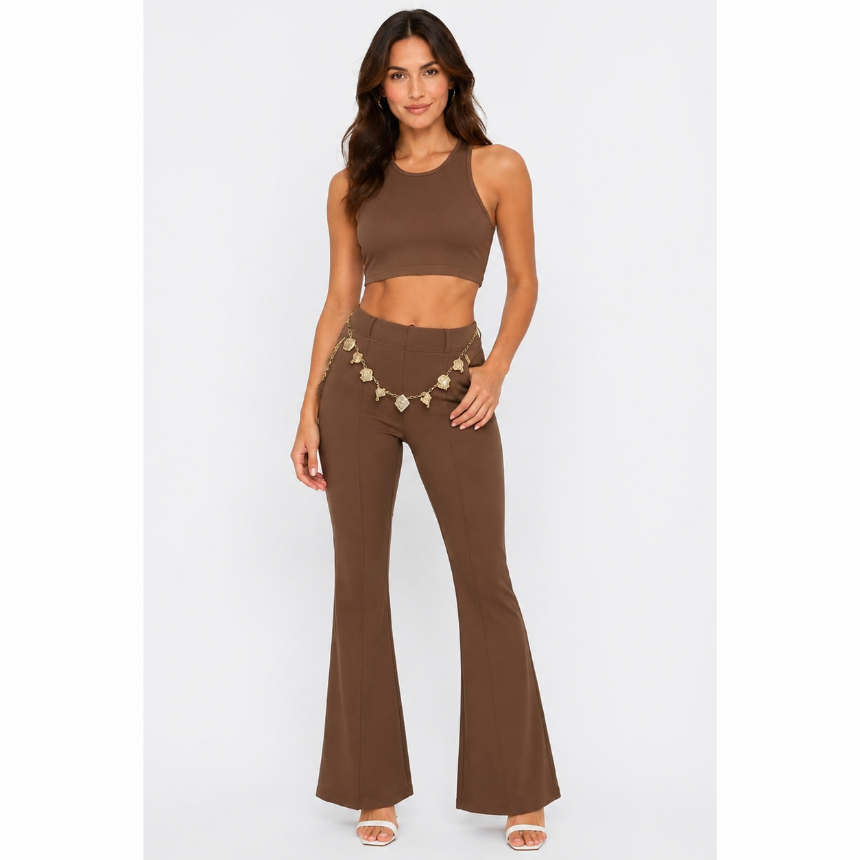 High Waist Brown Flare Pants with Gold Chain Detail