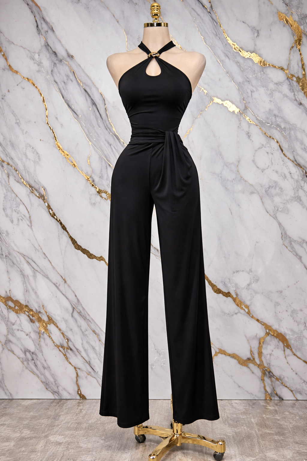 Black Halter Neck Wide Leg Trouser with Keyhole Detail Top