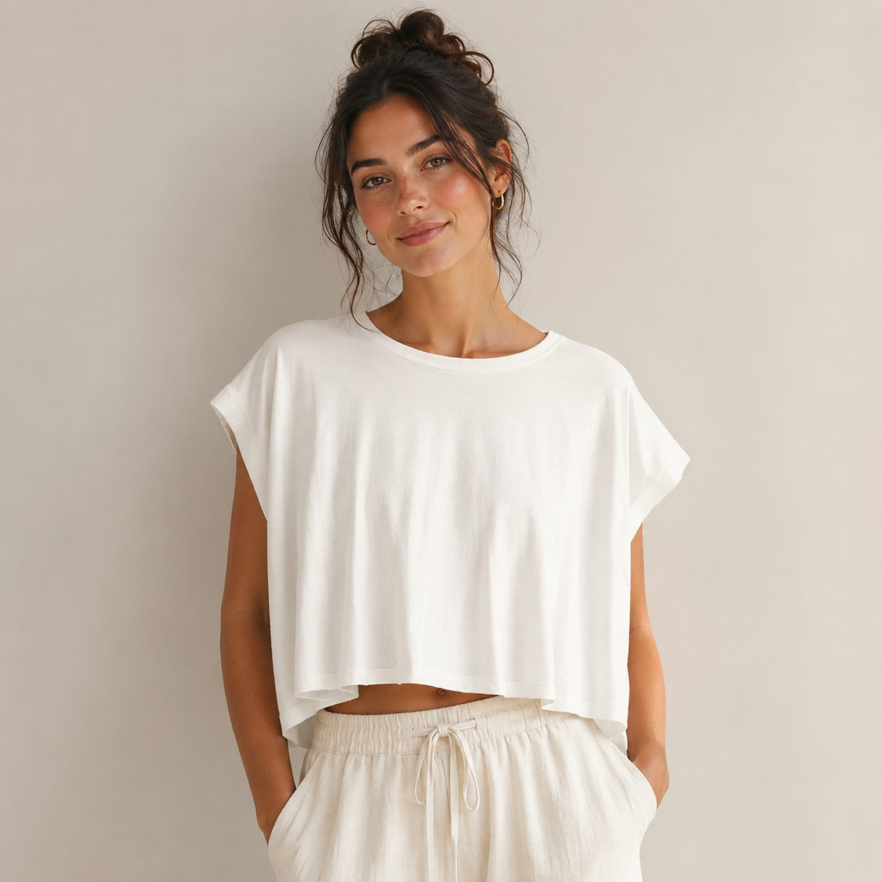 White Relaxed Fit Cropped Cap Sleeve Tee