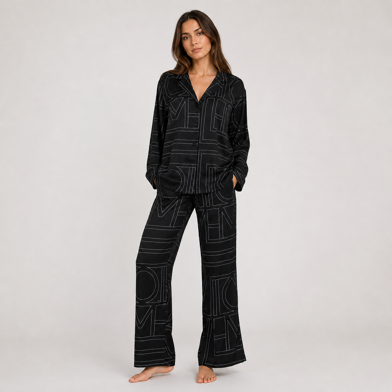 Black Geometric Print Satin Pajama Set with Button-Up Top and Wide-Leg Pants