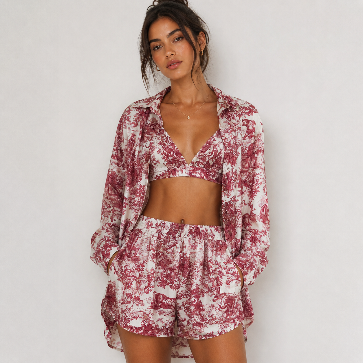 Red Toile Print Three-Piece Lounge Set with Bralette, Shorts, and Button-Up Shirt