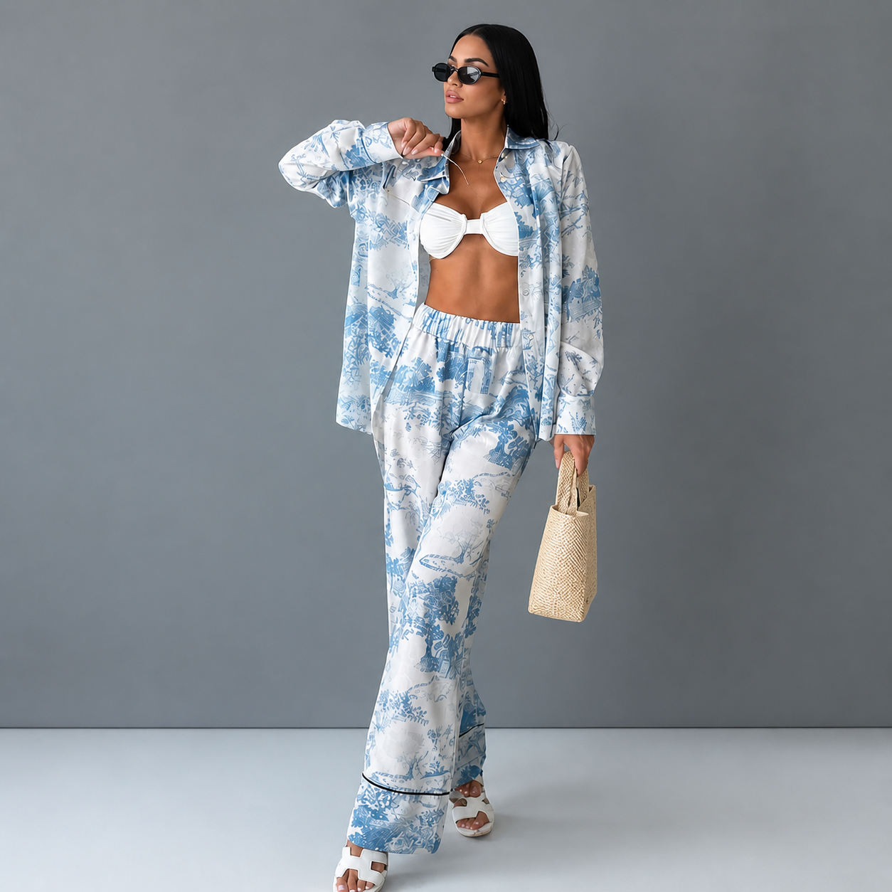 Blue Toile Print Button Down Shirt and Wide Leg Pants Lounge Set