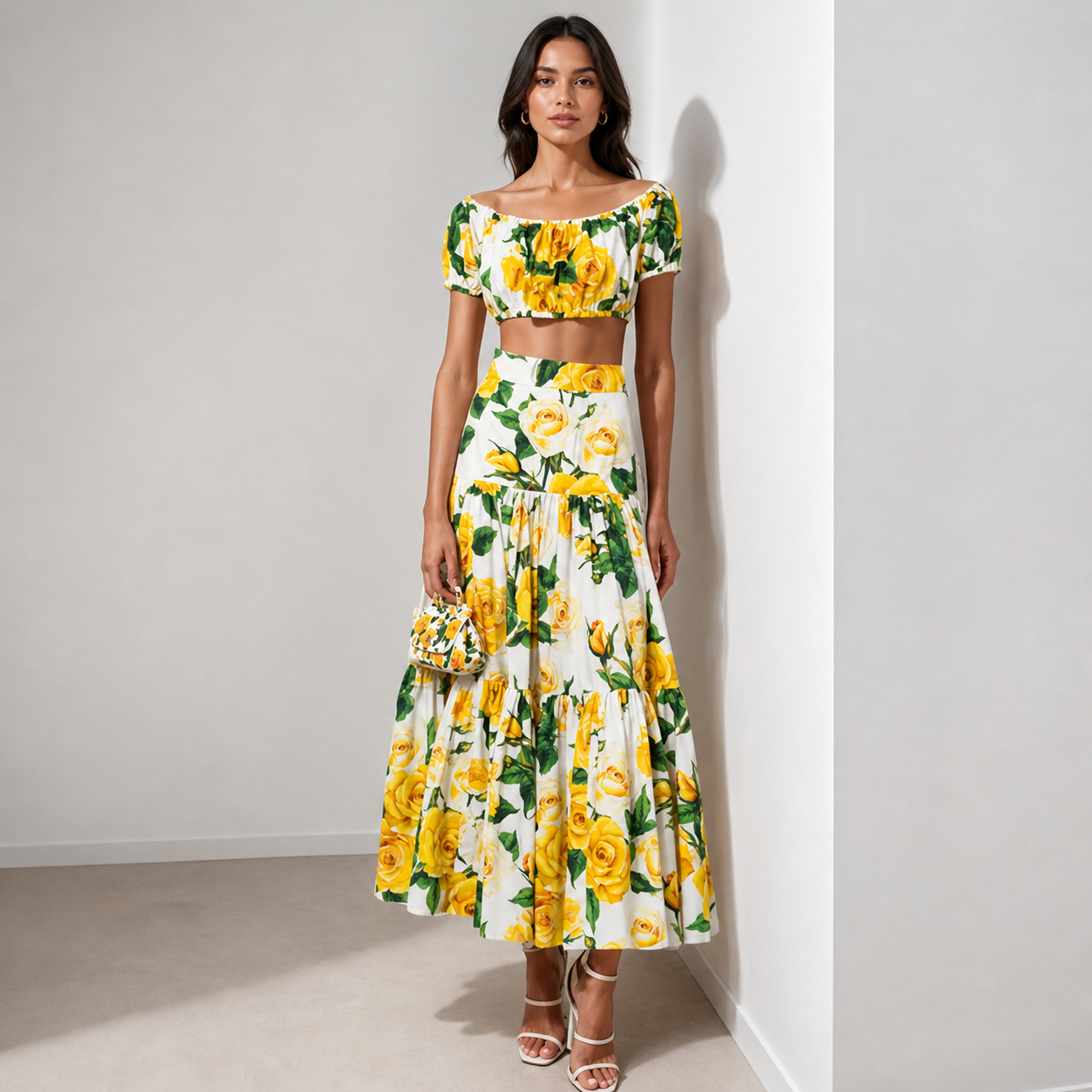 Yellow Floral Two-Piece Crop Top and Tiered Maxi Skirt Set