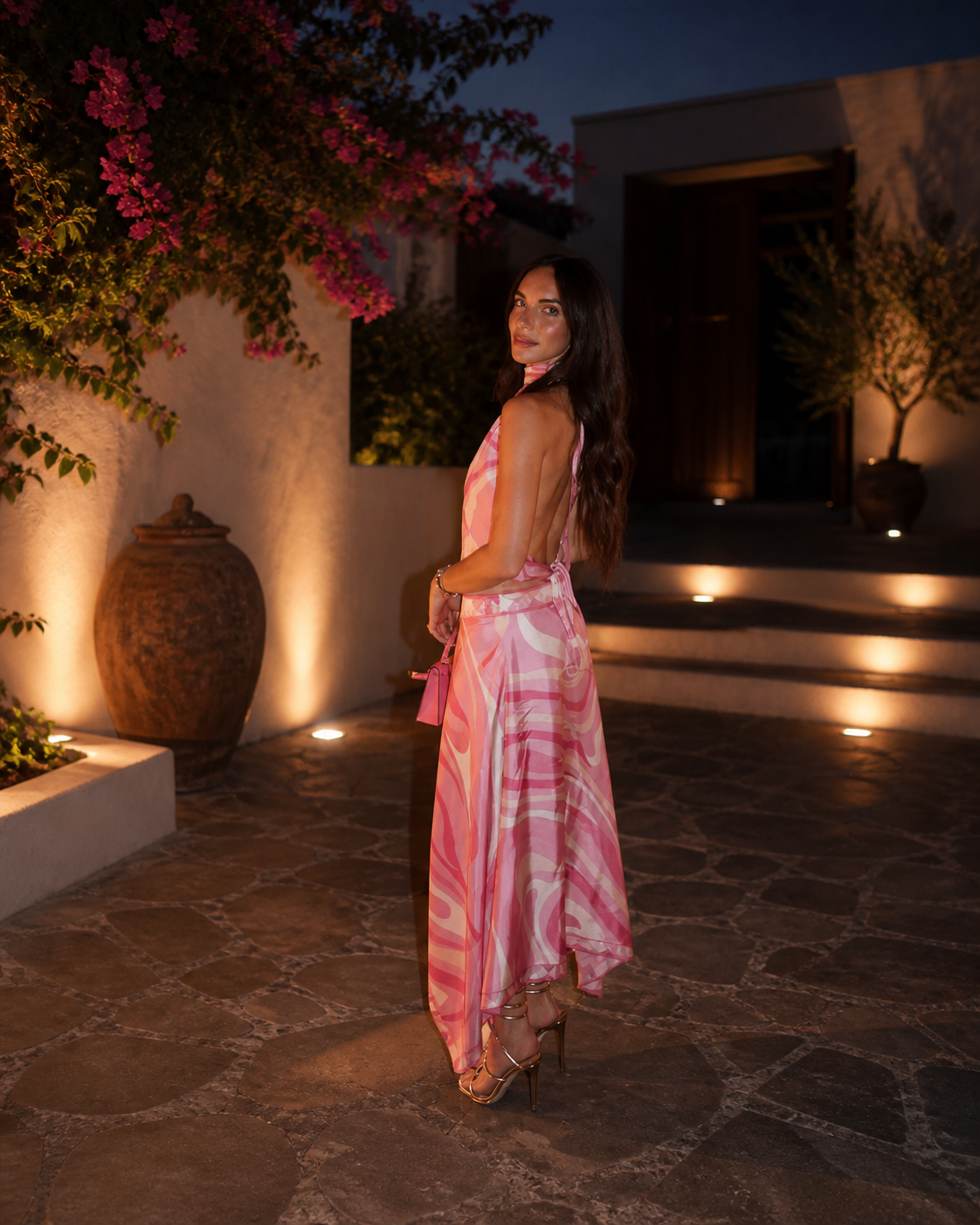 Pink Swirl Halter Crop Top and Asymmetrical Midi Skirt Set