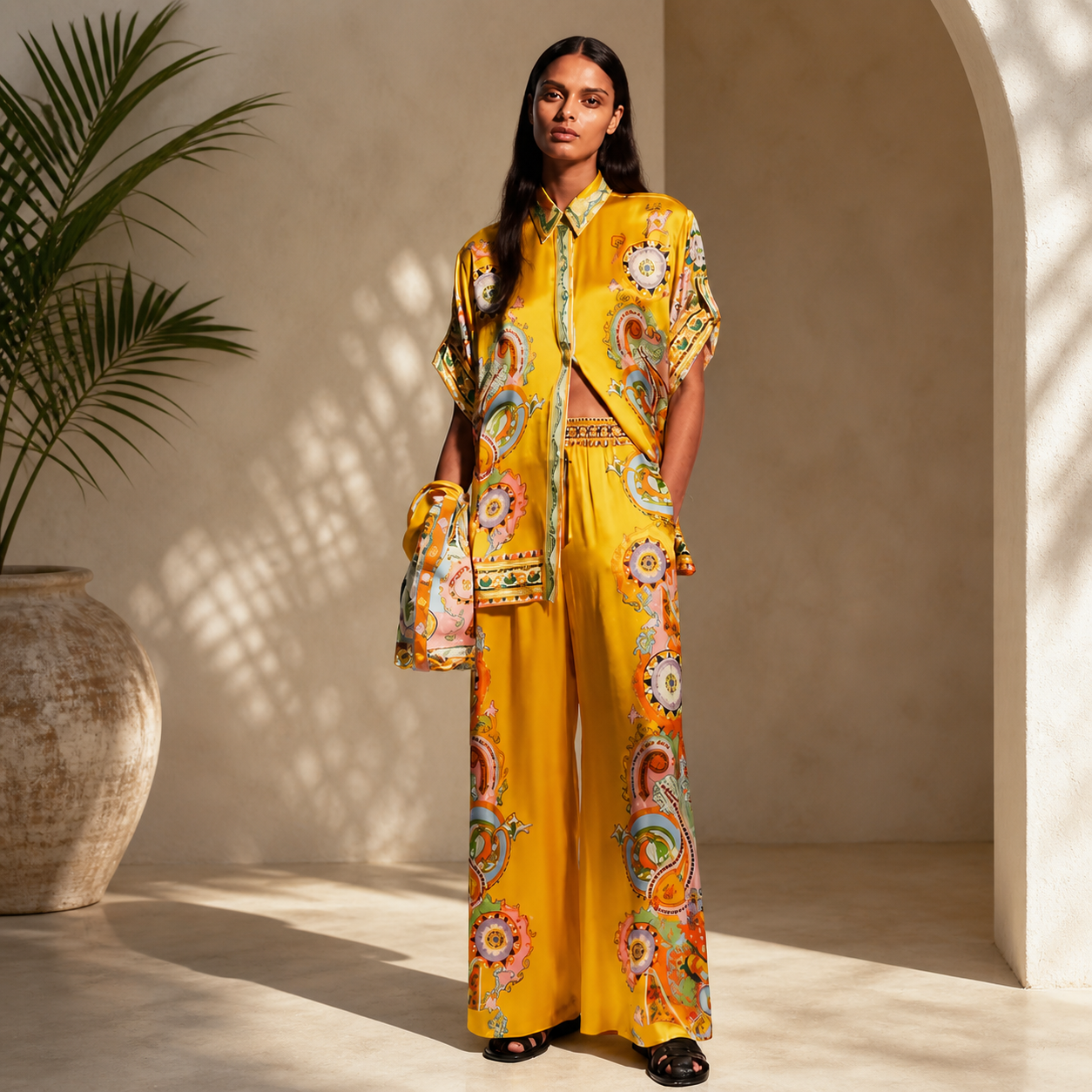 Yellow Paisley Print Button-Up Top and Wide Leg Pants Set