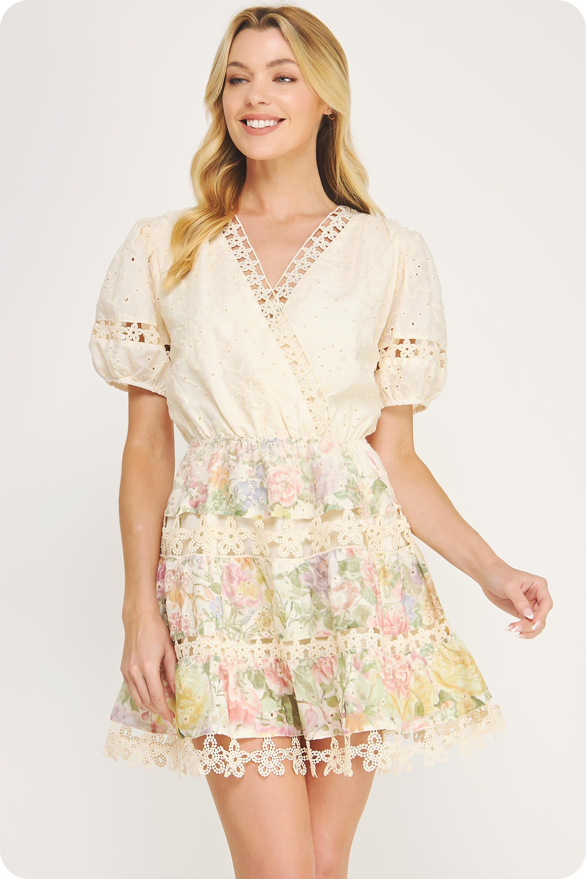 White Floral Lace Trim Tiered Mini Dress with Puff Sleeves