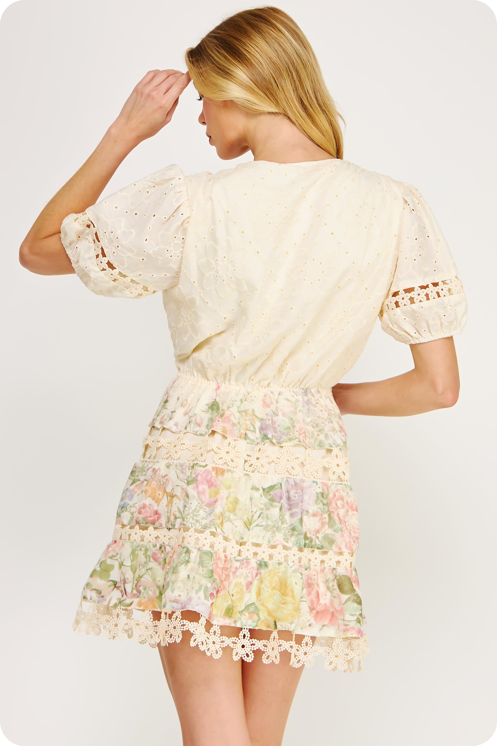 White Floral Lace Trim Tiered Mini Dress with Puff Sleeves