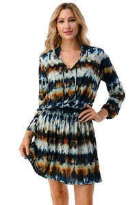 Navy Multicolor Tie-Dye Long Sleeve Smocked Waist Dress