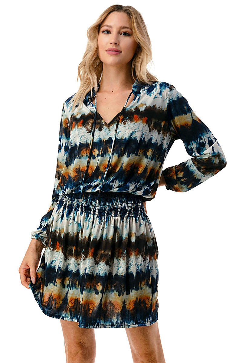Navy Multicolor Tie-Dye Long Sleeve Smocked Waist Dress