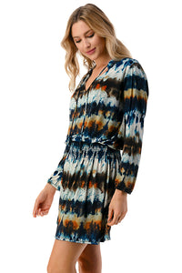 Navy Multicolor Tie-Dye Long Sleeve Smocked Waist Dress