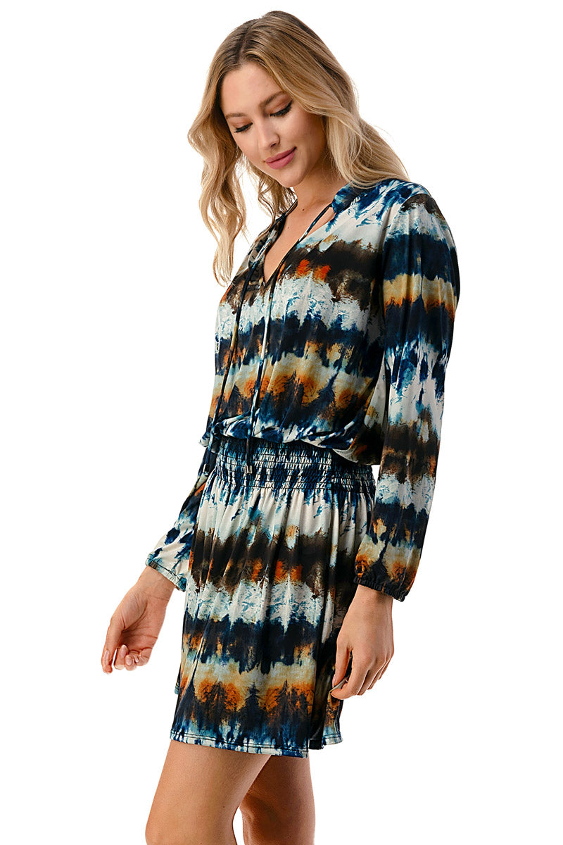 Navy Multicolor Tie-Dye Long Sleeve Smocked Waist Dress