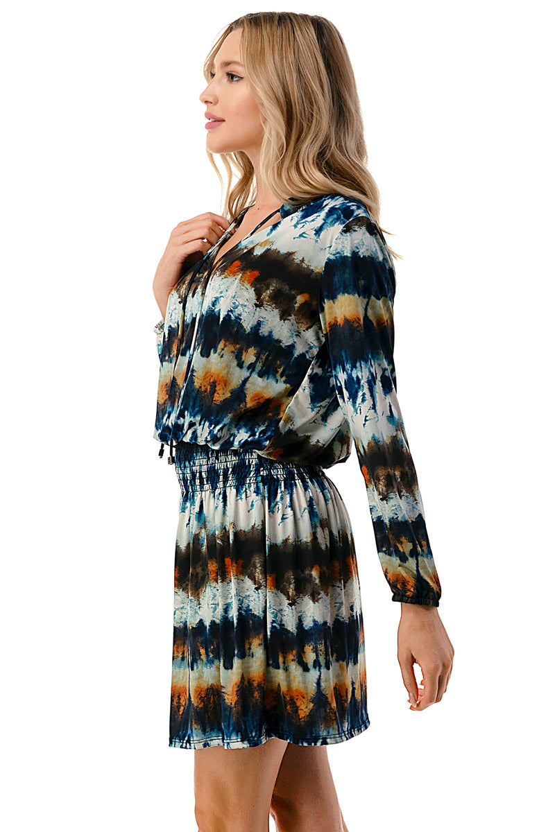 Navy Multicolor Tie-Dye Long Sleeve Smocked Waist Dress